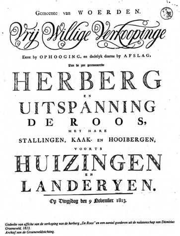 Affiche verkoop herberg De Roos 1813